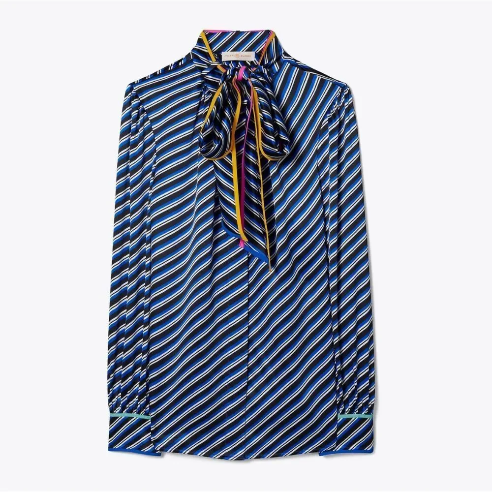Tory Burch Blue and White Tie Front Long Sleeve Blouse - Picture 5 of 10